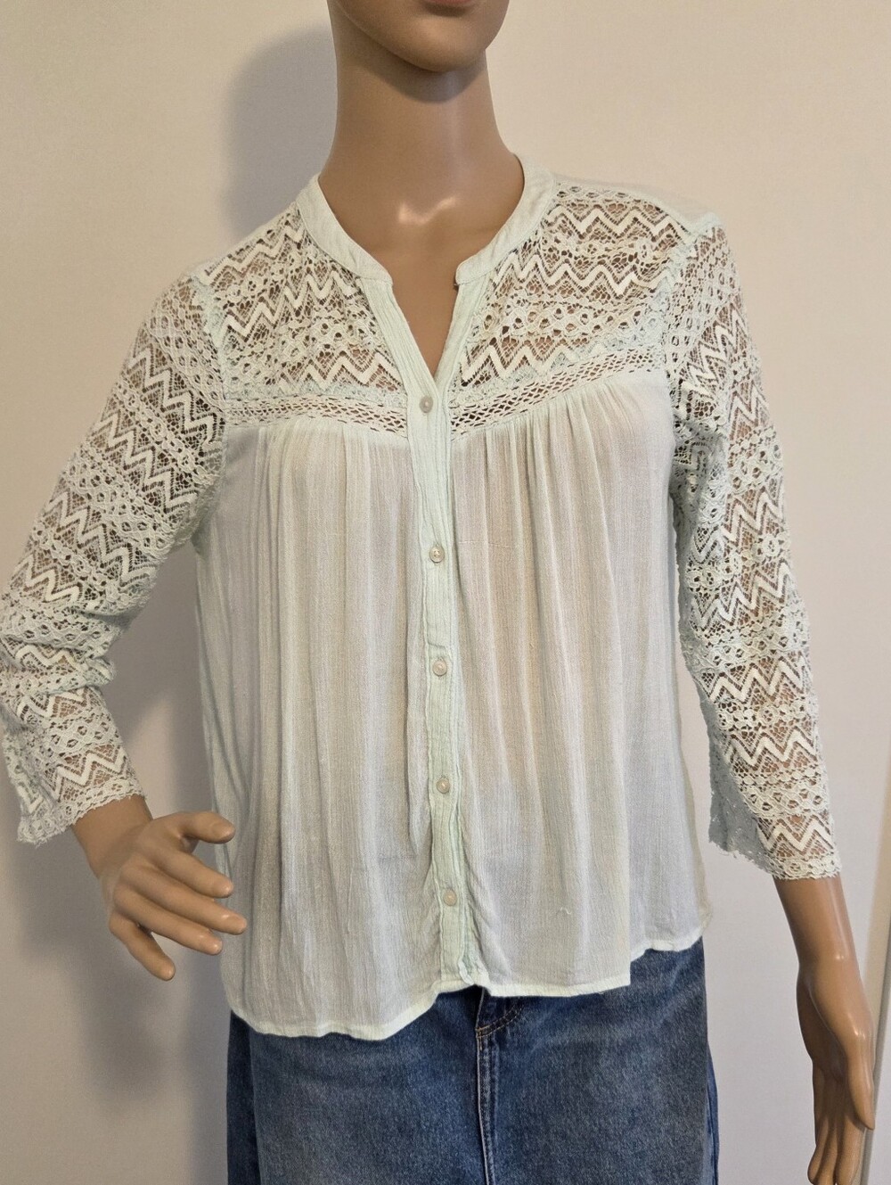 Hollister Mint Green Lace Split Back Blouse